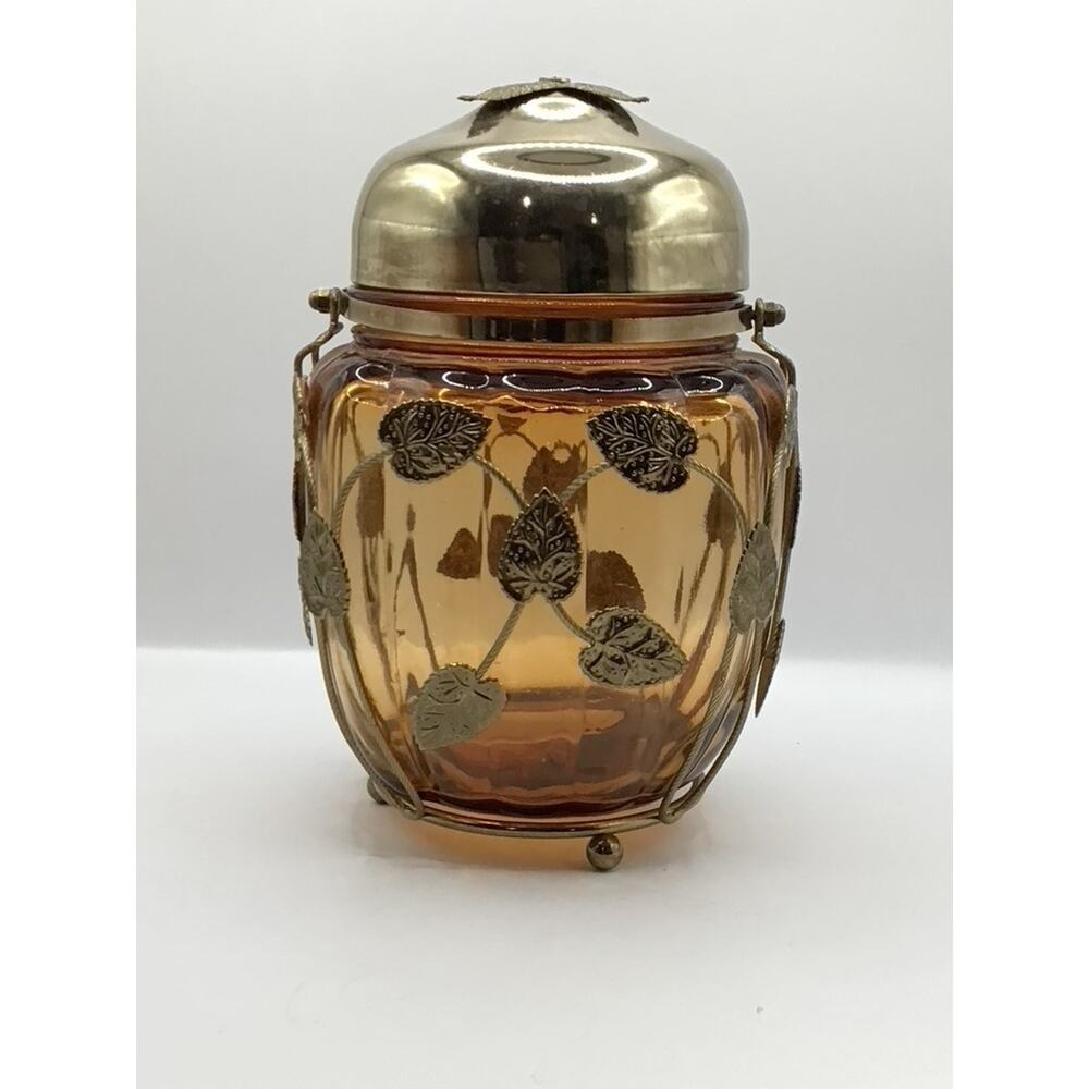 Vintage Schmid Musical Cookie Candy Jar Amber Glass Gold Leaf Accents ..Músic lo
